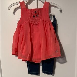 Calvin Klein Coral Embroidered Top and Dark Blue Pants